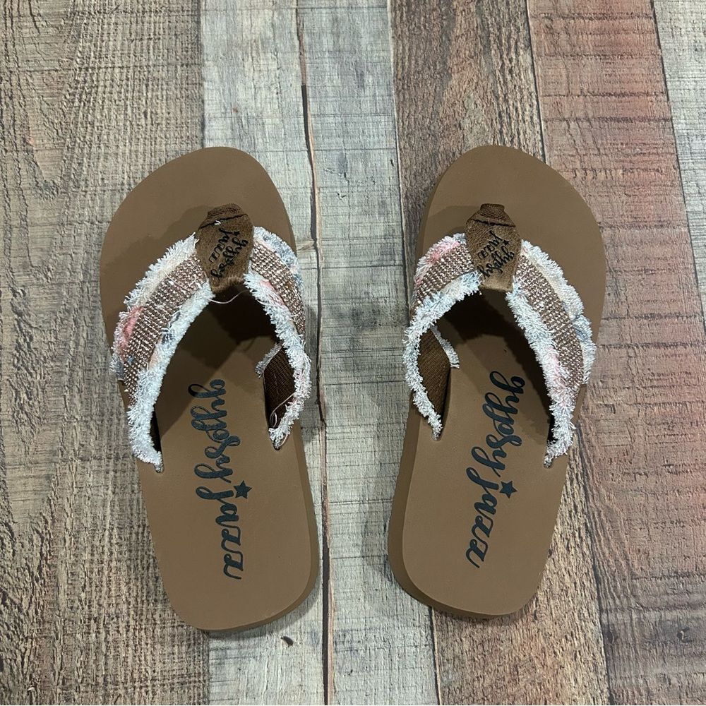 Blissful Steps Women’s Brown and White Fringe Flip Flops - Picture 2 of 4
